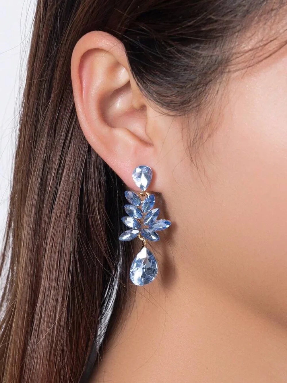 Elegant Baby Blue Teardrop Crystal Leaf Earrings